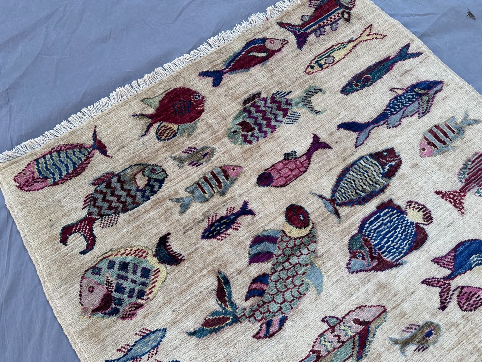 Afghan Fish Rug 3’3×5 Hand Knotted Wool Pictorial Ocean Nautical Area Floor Rug