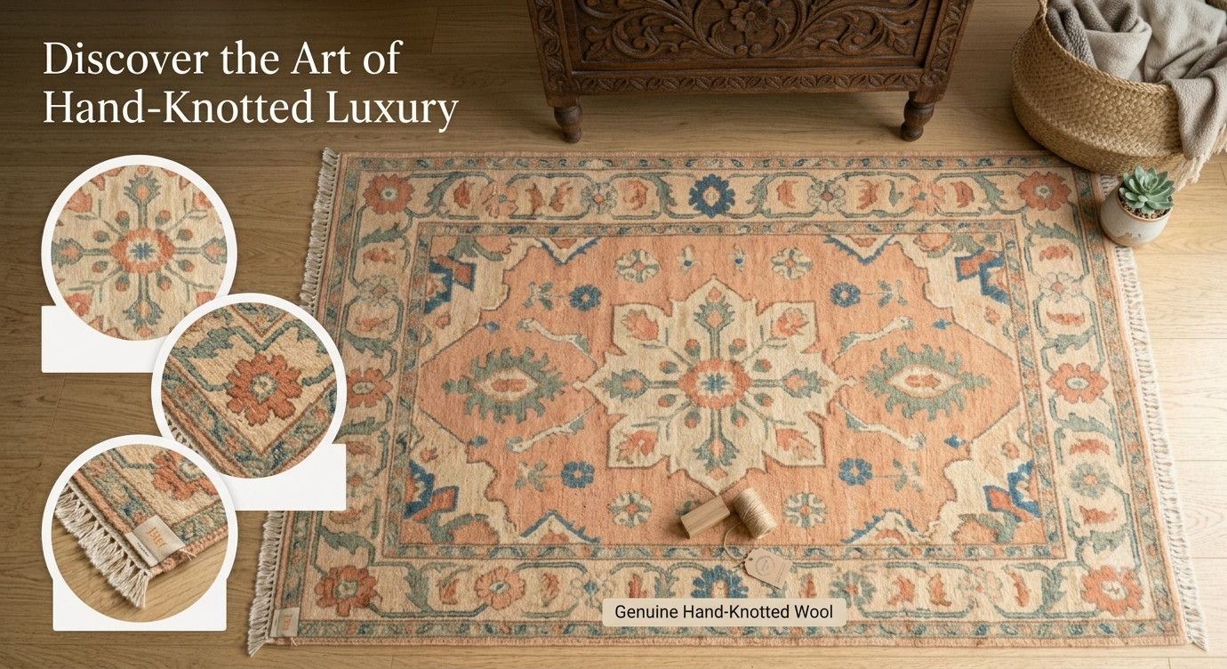 Hand Knotted Oushak Rug Wool Area Rug Vintage Turkish Floral Carpet