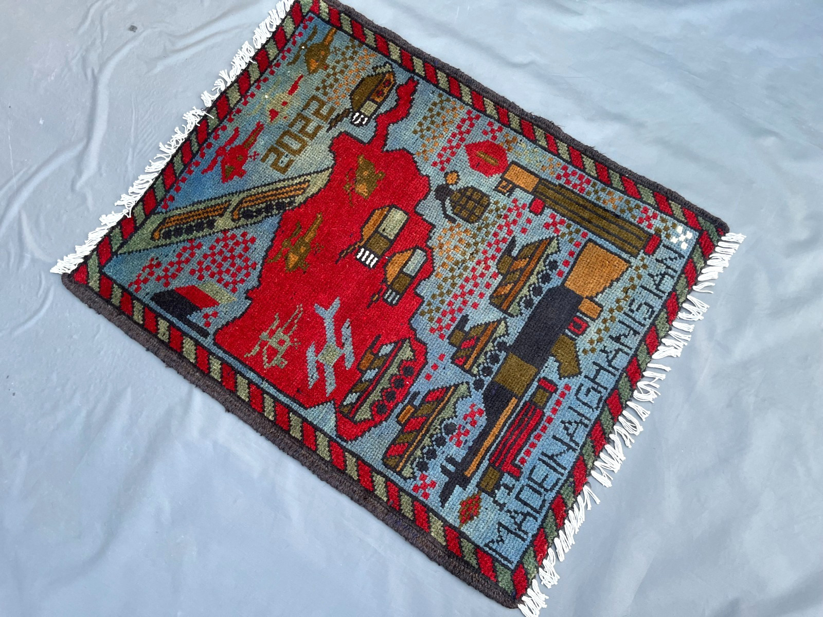 2’1 x 2’7 Ft Afghan War Rug – Pictorial Military Map Design Red Conflict Scene