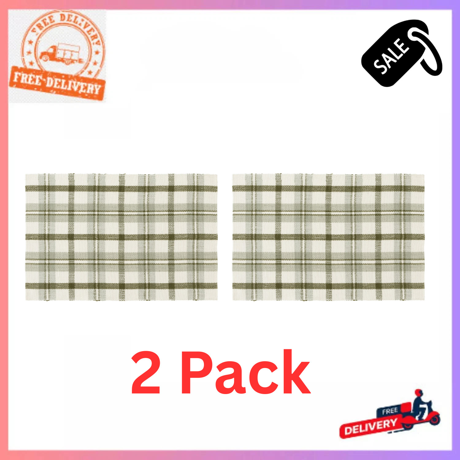 2 Pack Mainstays Green Plaid Outdoor Layering Rug, 24″x36″