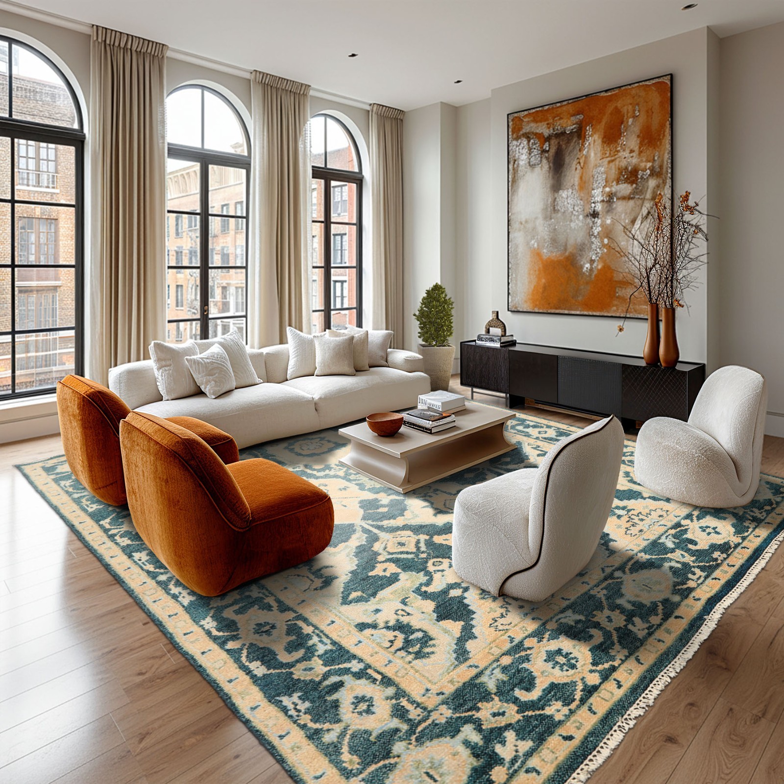 7’10”x10’4” Hand Knotted Wool Teal, Ivory Oushak Traditional Rug