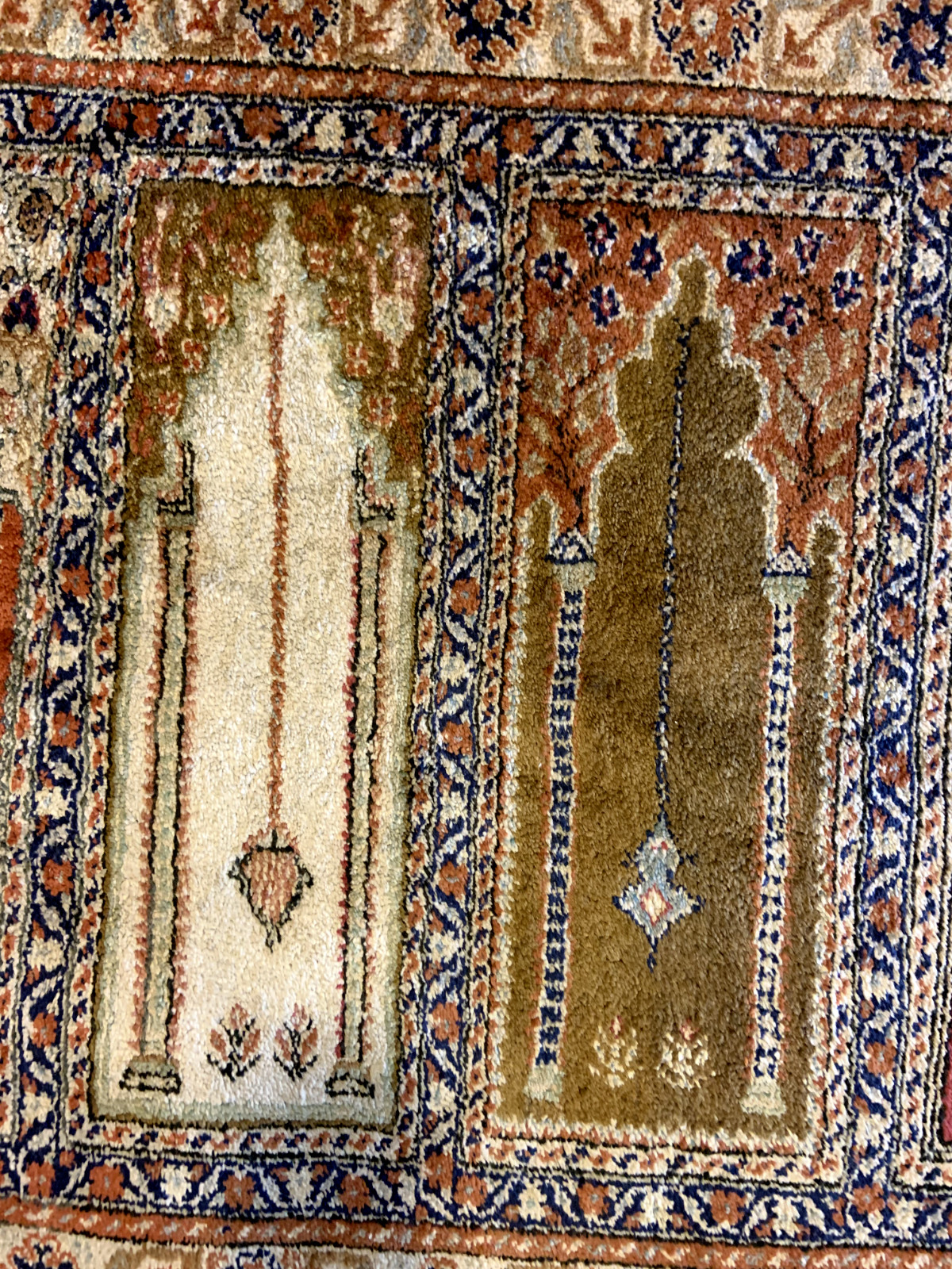Vintage Silk Pryer Rug With Silk Pile Comes In 8 Mehrabs Made In Turkey.