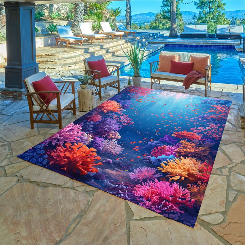 Ocean Colorful Corals Print Waterproof Outdoor Rugs 3D Visual Art Outside Carpet