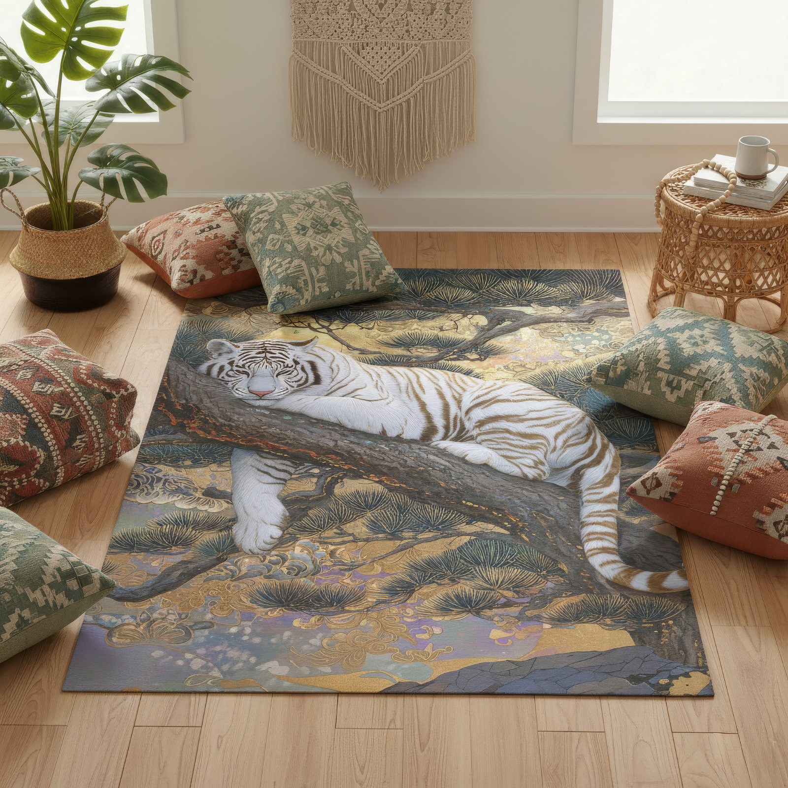 White Tiger Area Rug, Japanese Style Pine Tree Decor, Maximalist Wildlife Carpet