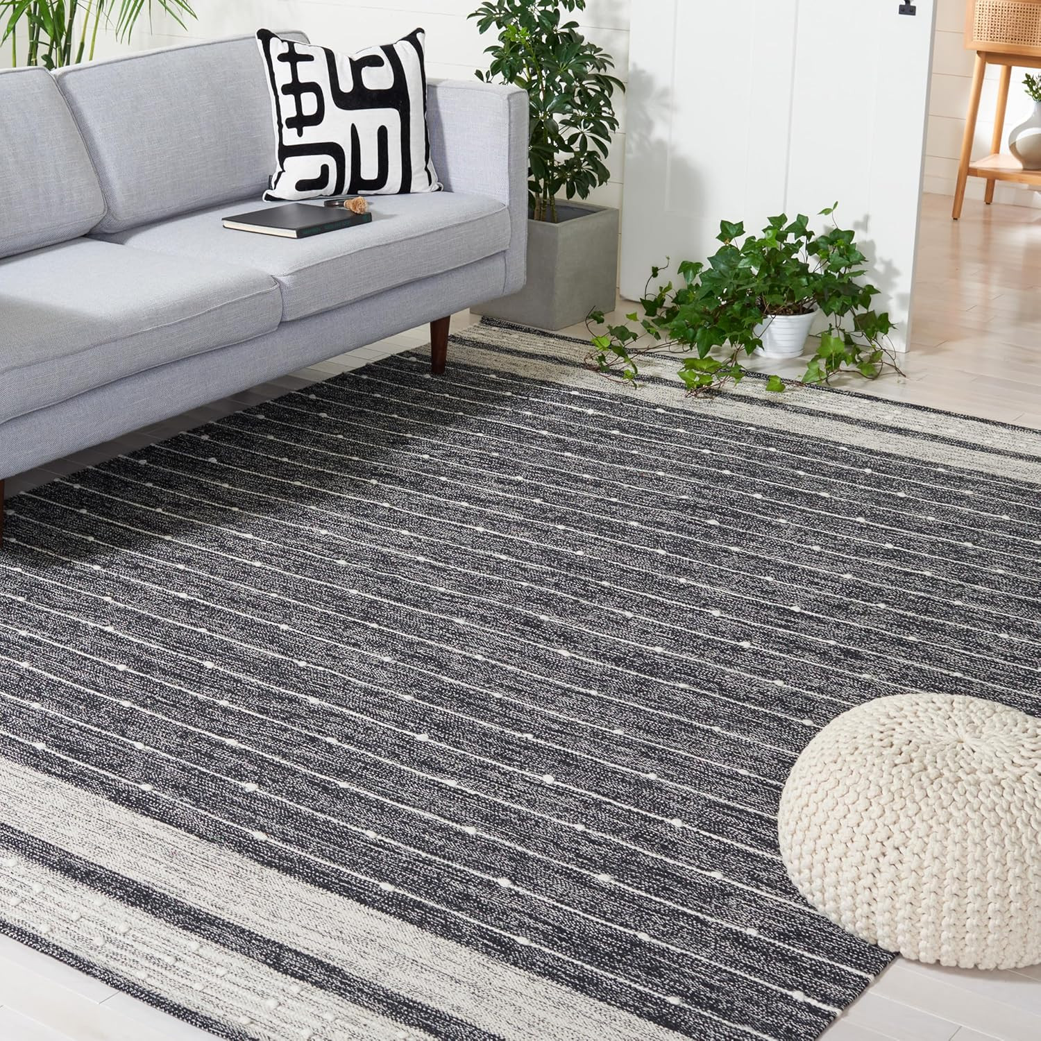 8′ x 10′ Black/Ivory Striped Handmade Cotton Area Rug