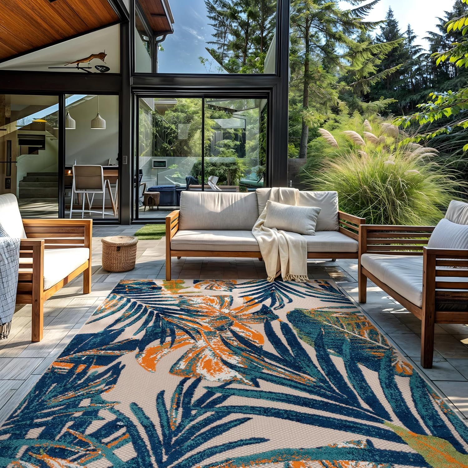 Tropical Floral Indoor/Outdoor Rug – Durable, Easy to Clean, 7’10” x 10