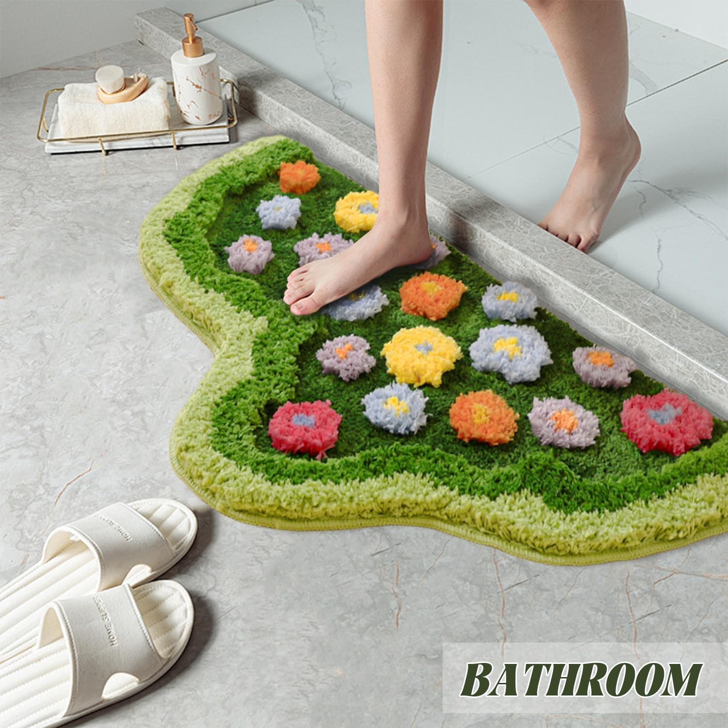 19.68×31.5 Green Moss Rug, Irregular Flower, Non Slip, Absorbent, Soft