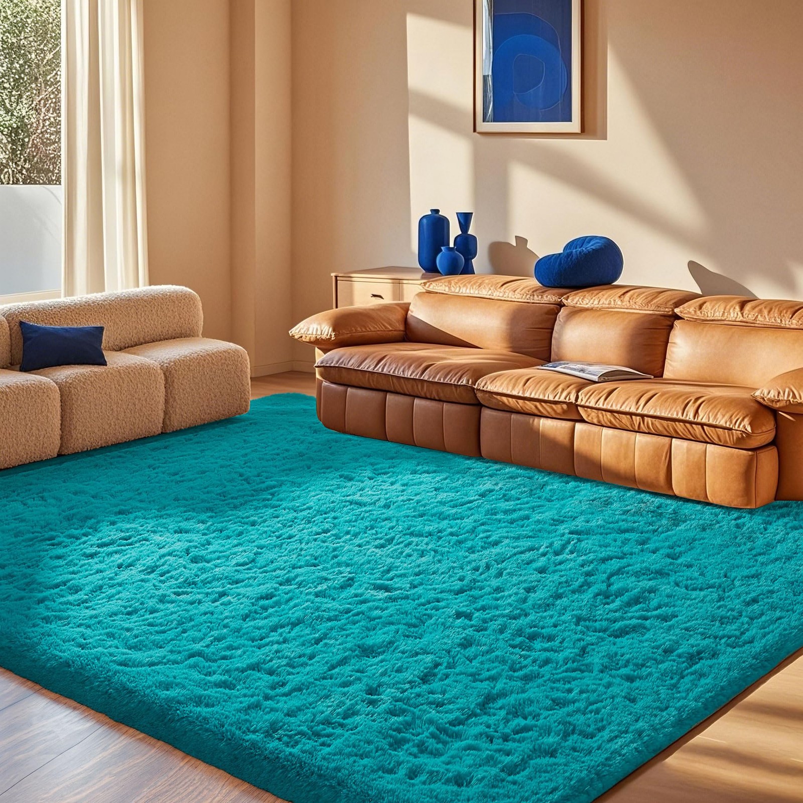 Teal Rugs for Bedroom Living Room, Fluffy Fuzzy Furry Carpet, Plush Soft Shaggy