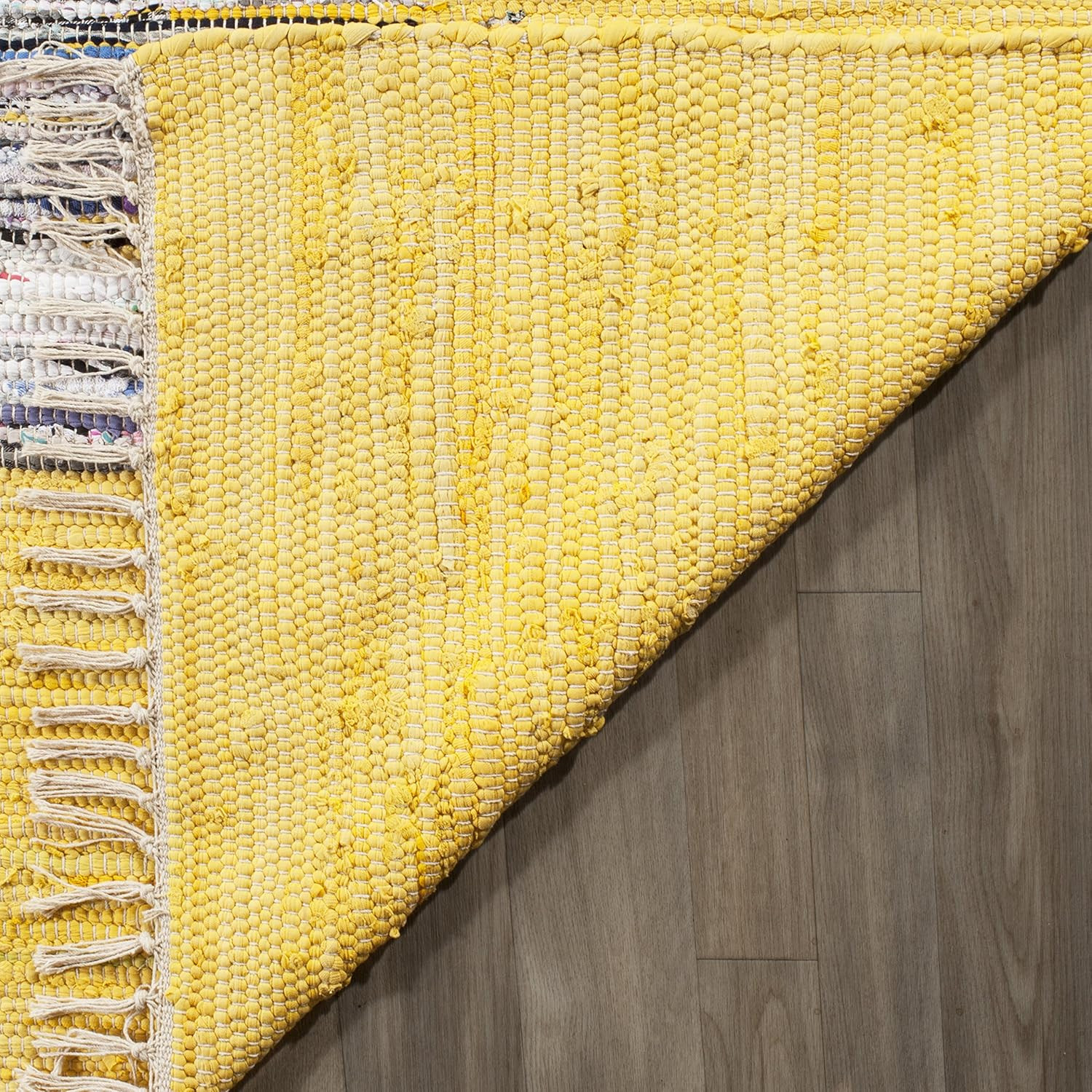 Montauk Collection Area Rug – 4′ Square, Ivory & Yellow, Handmade Stripe Fringe