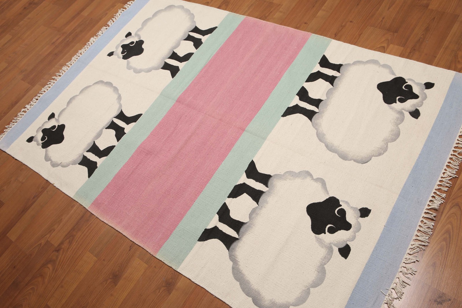 4×6 Ivory Pink Hand Woven Dhurry Kilim Wool Modern Sheep Design Rug