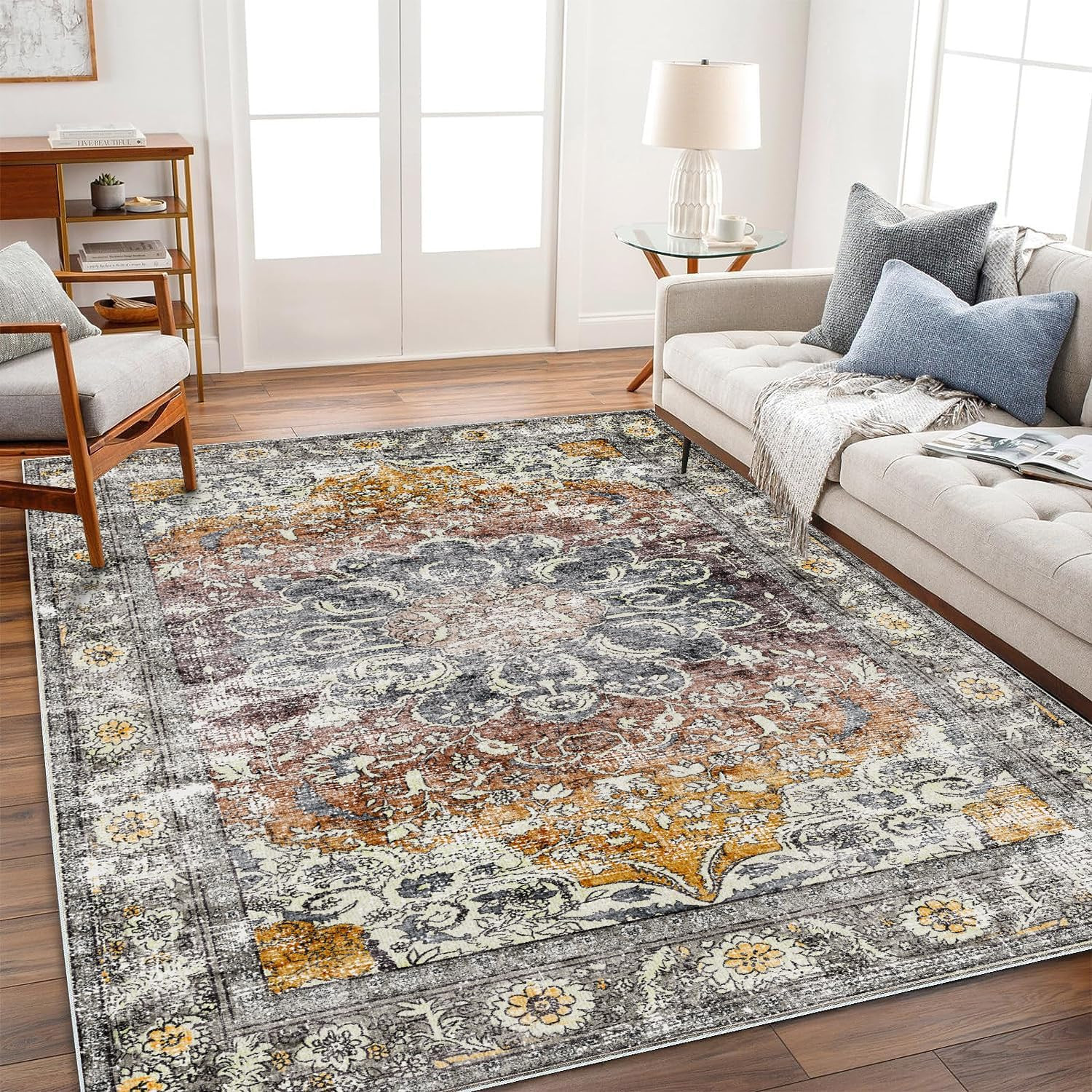Area Rug 6X9 Washable Rug Brown Grey Vintage Traditional Distressed Thin Retro K