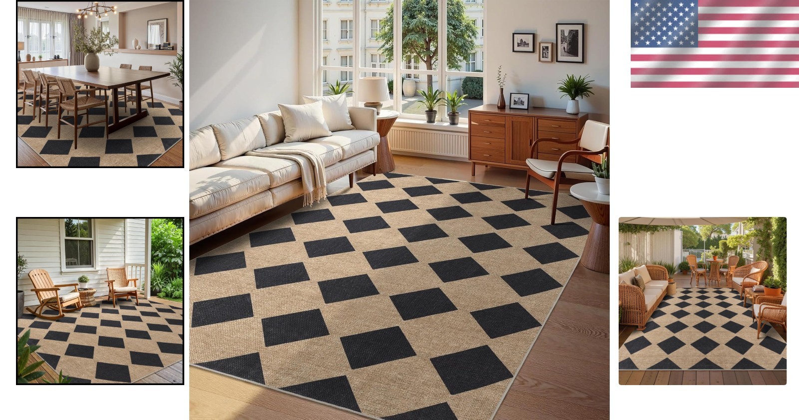 Versatile 8×10 Checkered Jute Rug – Durable & Water-Resistant for Any Room