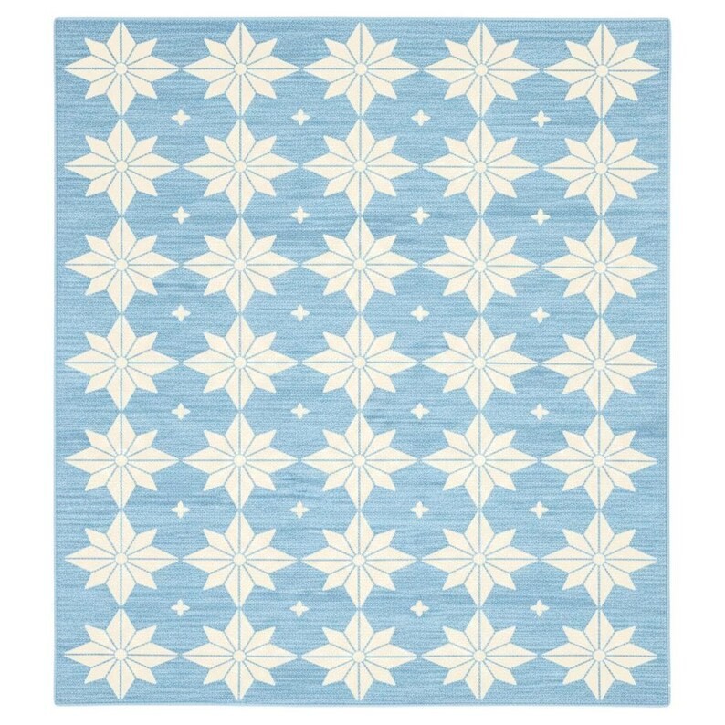 Blue & Ivory Star Geometric Hand Knotted Turkish Area Rug Vintage Boho Decor