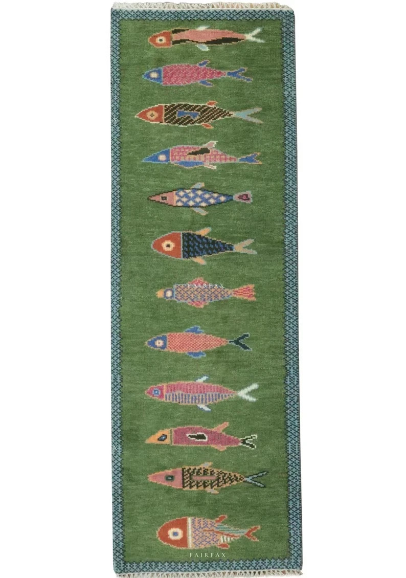 Koi Fish Runner Rug: Green Colorful Carpet Handmade Wool Area Rug
