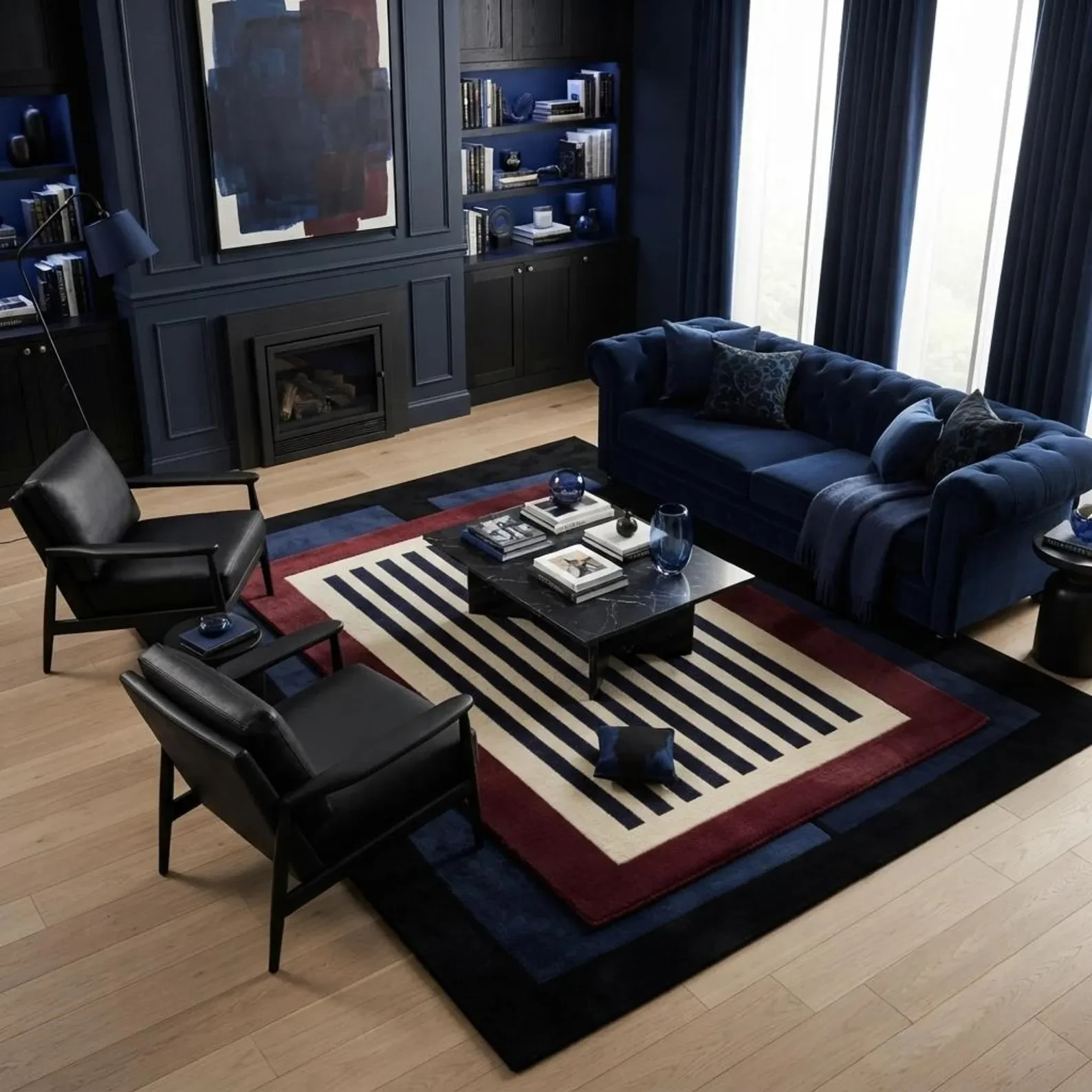 Hand Tufted Striped Rug, Modern Burgundy Navy Cream Area Rug, Geometric Wool Rug