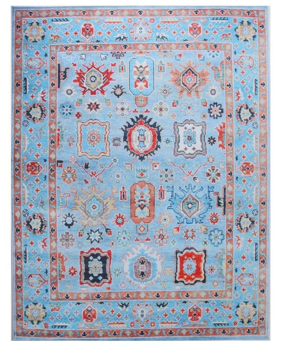 Modern Blue Oushak Machine Washable Rug Built-in Padding (Multiple Sizes)