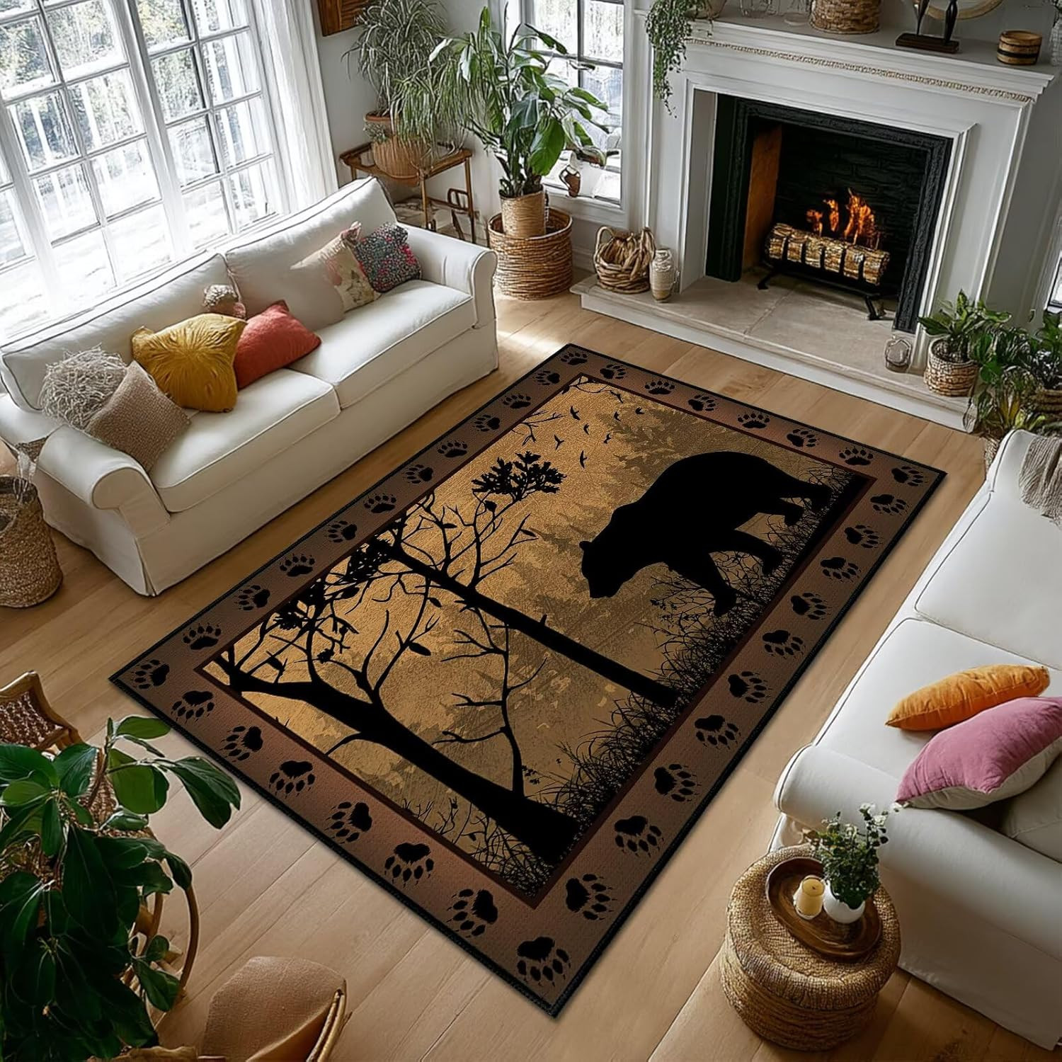 Cabin Rustic Area Rug 5X7,Bear Country Wildlife,Vintage Area Carpets for Bedroom