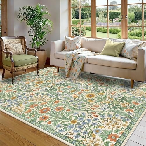 5×7 Grass Green Washable Floral Area Rug,Vintage Boho Soft Low-Pile Living