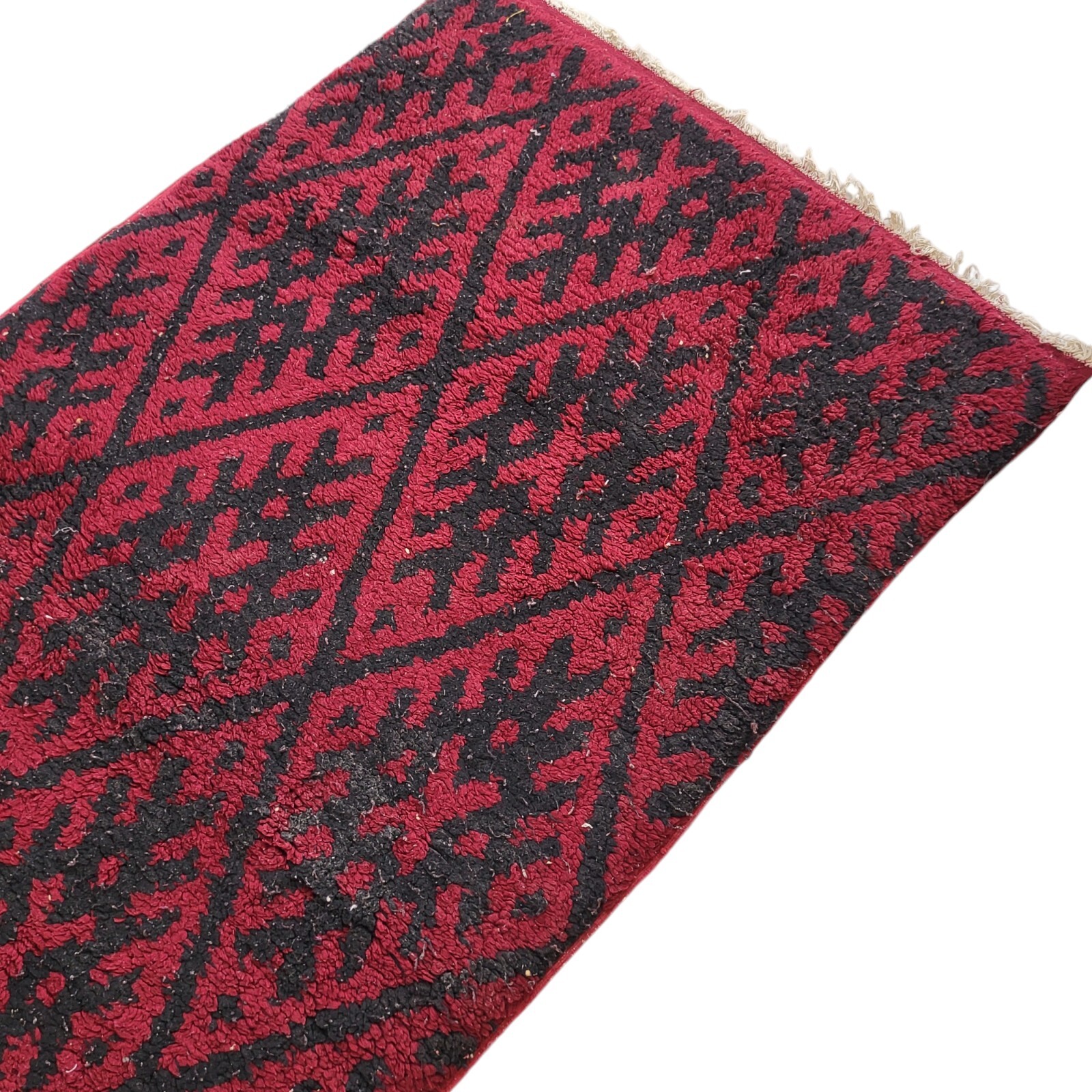 Handmade Moroccan Rug Vintage Burgundy Fringe Beige Diamond Pattern Carpet 40 Yr