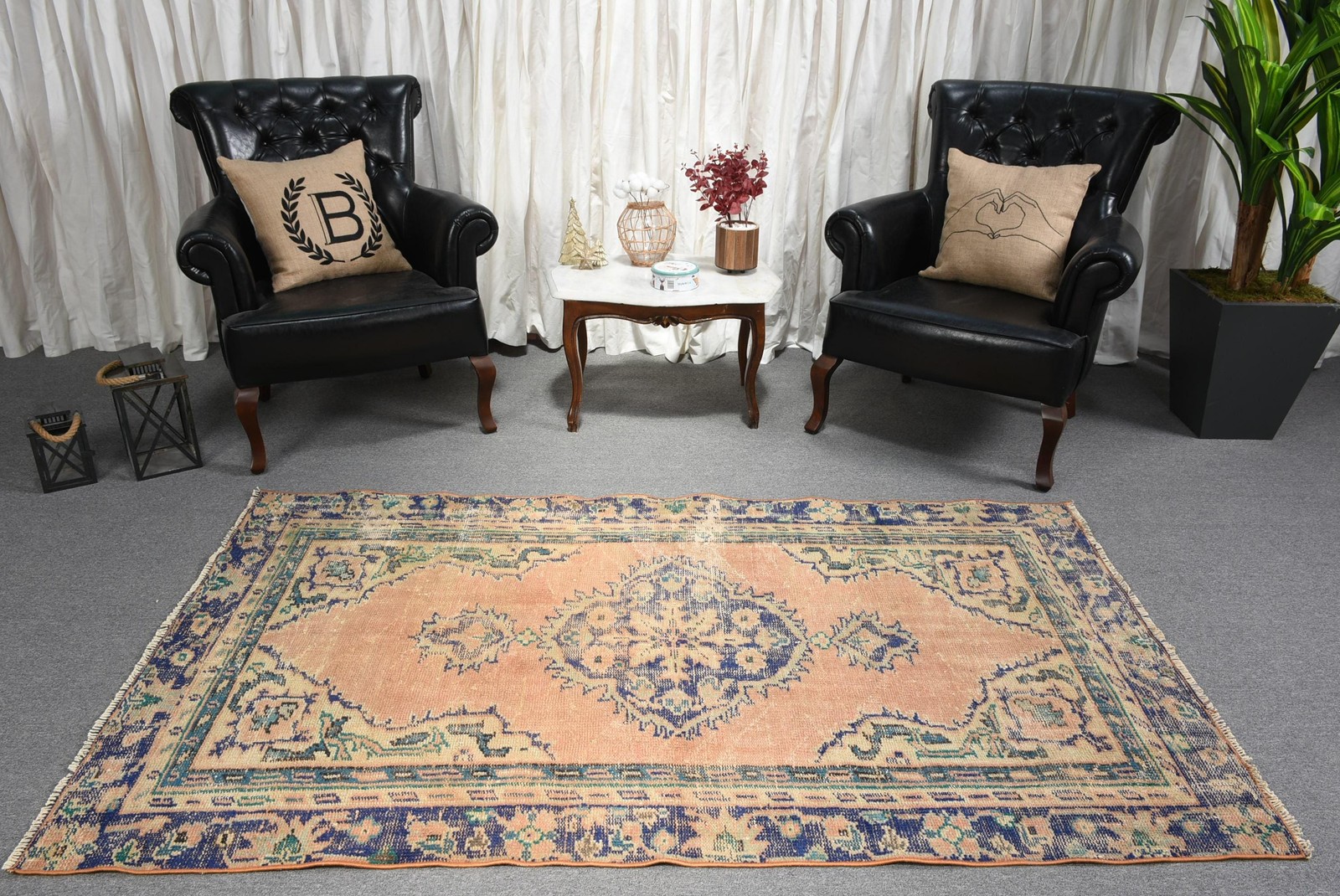 4,3×7 ft Area Turkish Vintage Rug, Blue Handmade Wool Rug