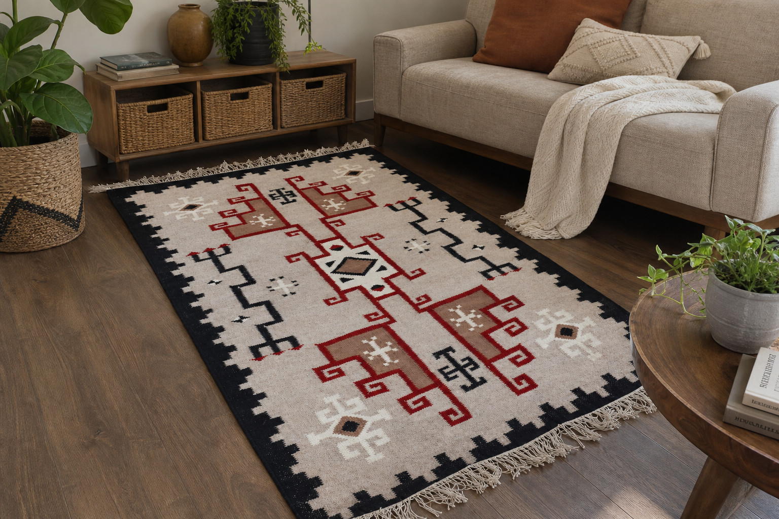 4×7 ft Navajo Kilim Rug Handwoven Ivory Grey Southwestern Wool Flatweave Rug