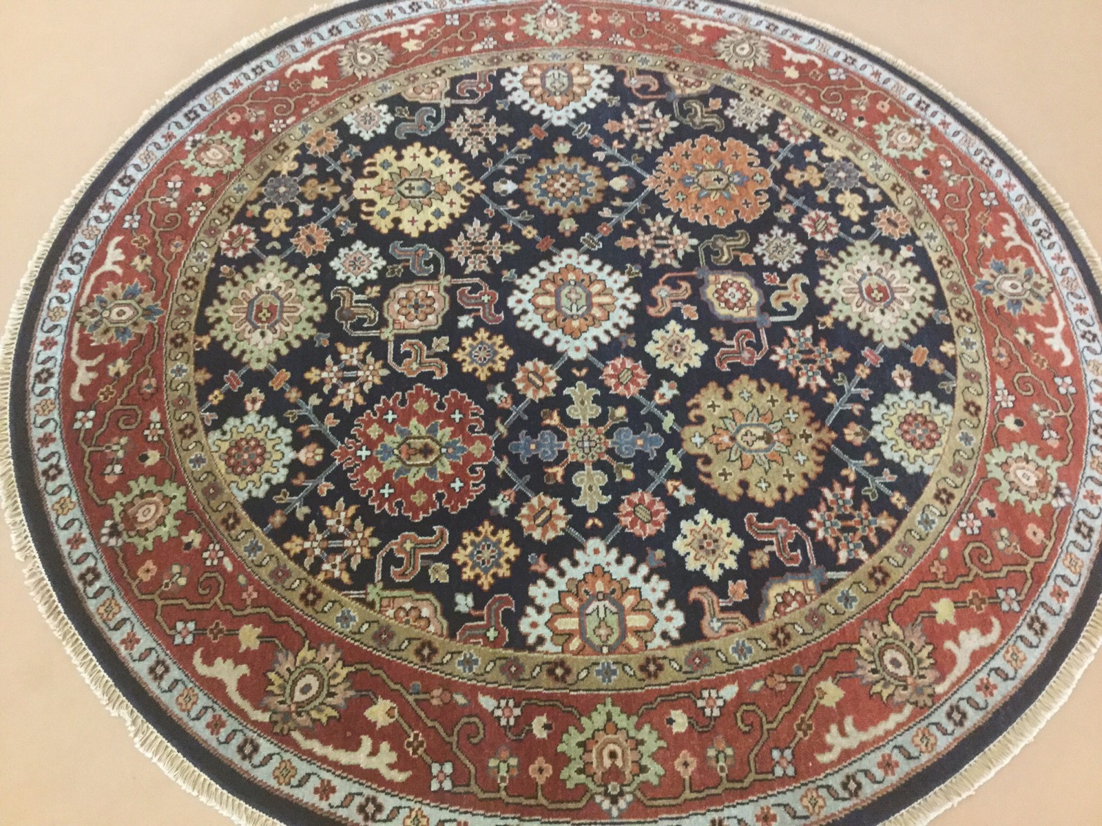 6′.0″ X 6′.0″ Round Blue Rust Fine Geometric Oriental Area Rug Hand Knotted Wool