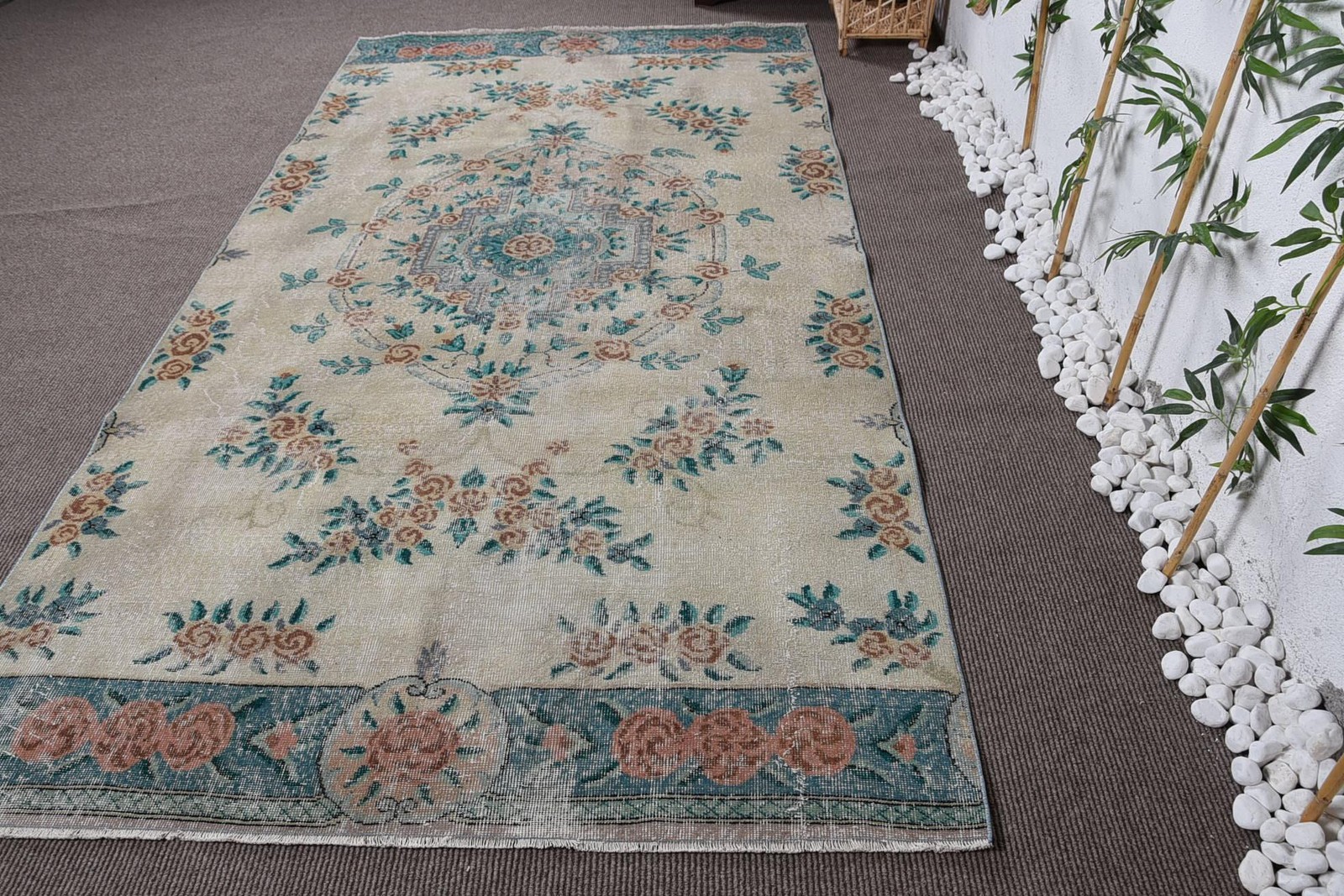 Turkish Rug, Large 5,3×10 ft Vintage Rug, Beige Blue Ikat Wool Rug