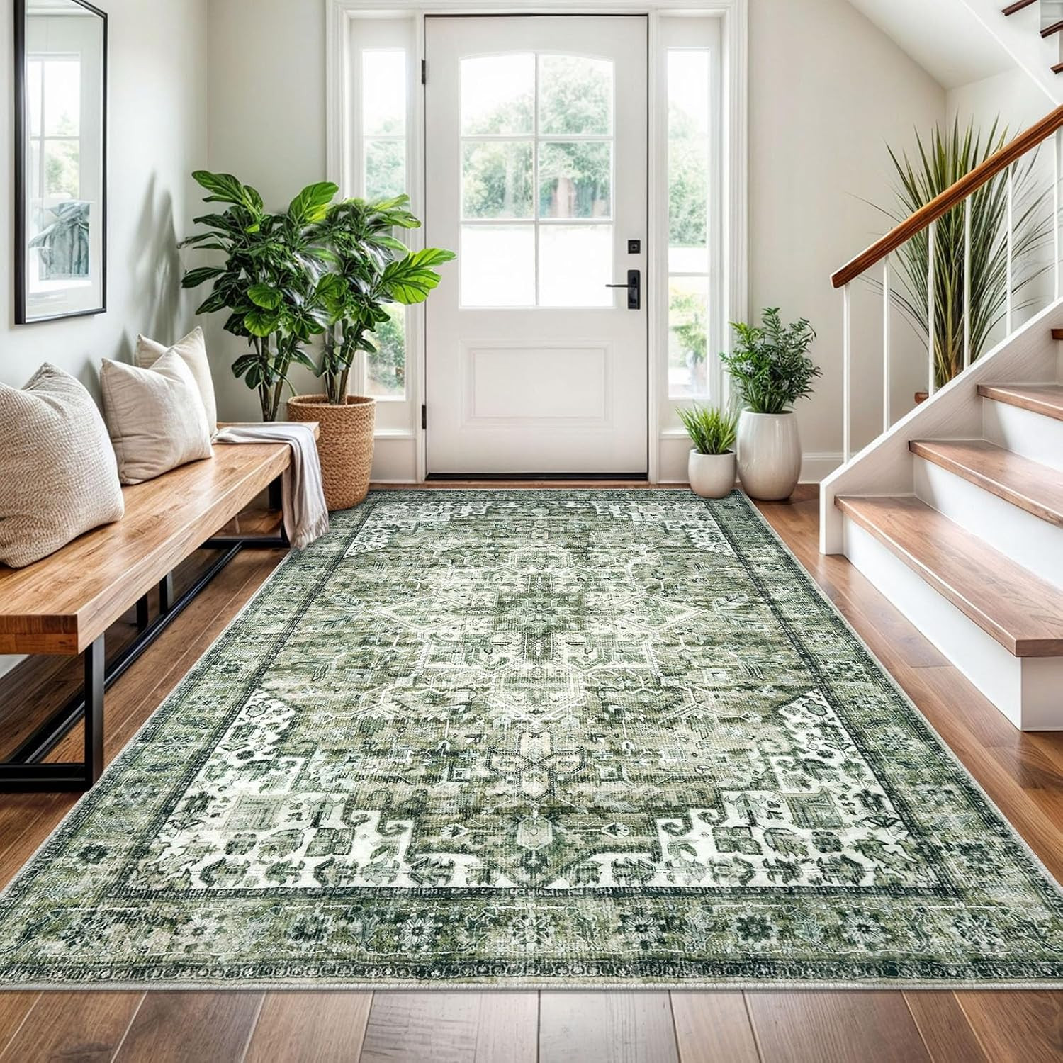 4X6 Washable Rug for Entryway, Green Soft Printed Area Rug, Slip-Resistant Kitch