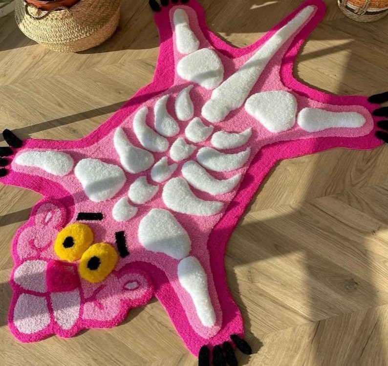 Pink Panther Skeleton Tufted Rug, Handmade Cartoon Carpet in Pink White