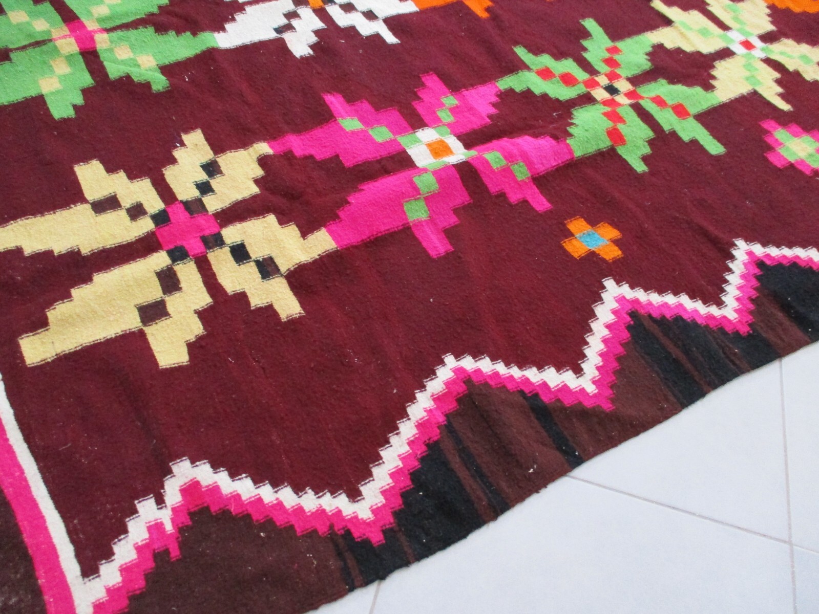 Vibrant Moroccan Handmade Rug Pink Yellow Green Stars Fringe Berber Carpet 9×6