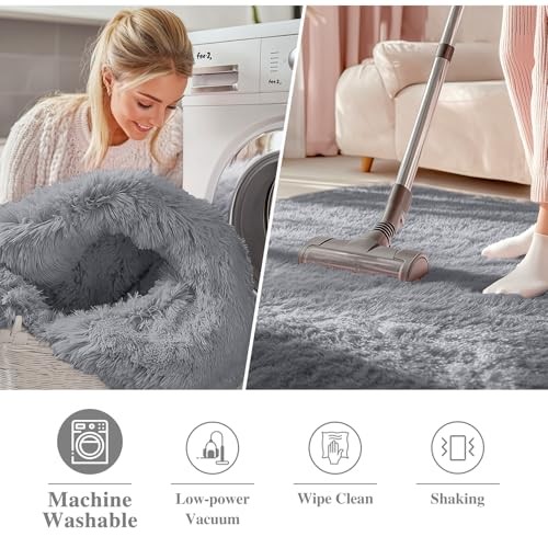 Light Grey Round Rugs for Bedroom – Machine Washable, 2′ Circle Area Rugs for
