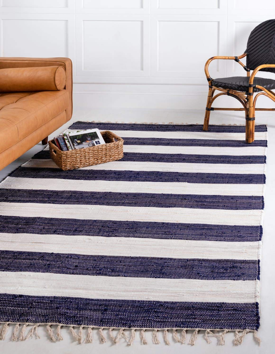 Chindi Rag Collection Area Rug – Striped (2’x 3′ 1″ Rectangle, Navy Blue/ Ivory)