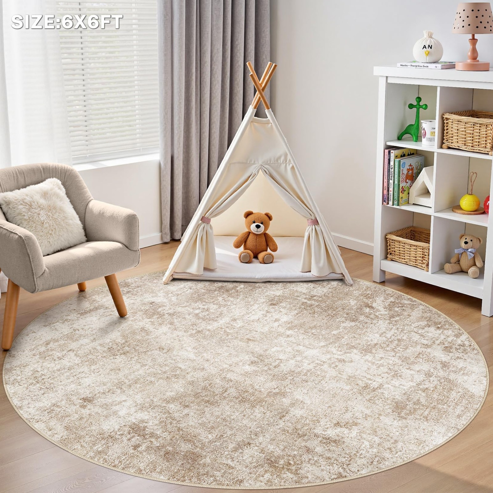 6ft Round Abstract Area Rug – Washable Soft Non-Slip Low Pile Carpet for Home