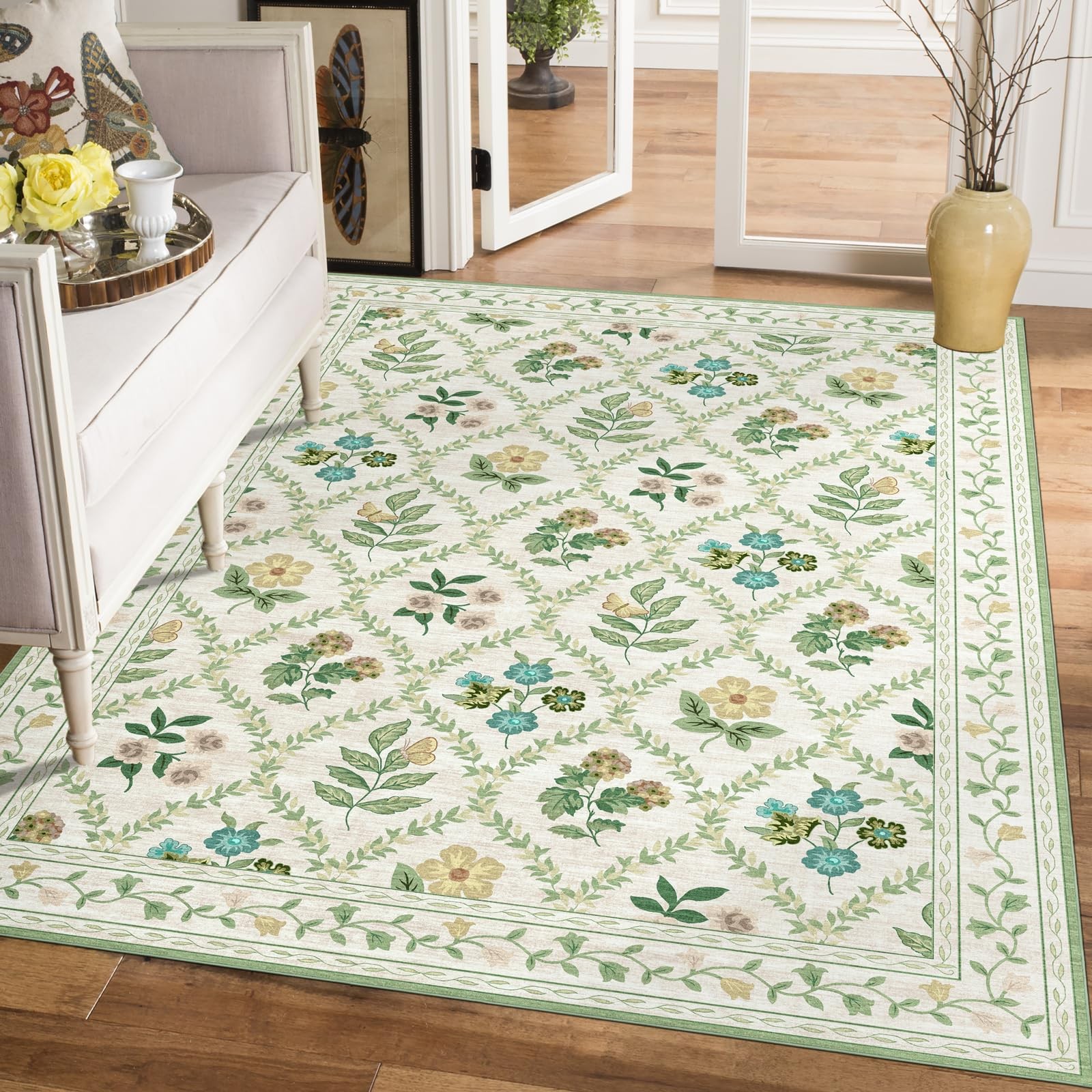 Nuomeijia Washable 8X10 Area Rugs – Large Stain Resistant Green White Living