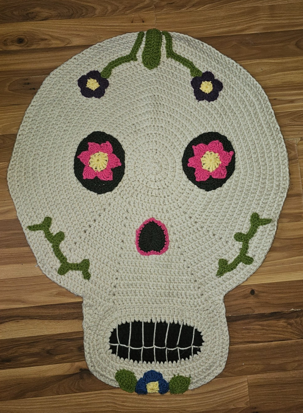 Dios de la Muerte Sugar Skull Crochet Floor Rug Mat Hand Made 33″ x 46″