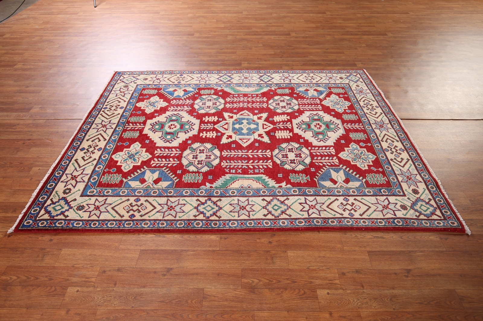 Geometric Tribal Style Kazak Hand-Knotted Bedroom Sized Rug 5×7 ft
