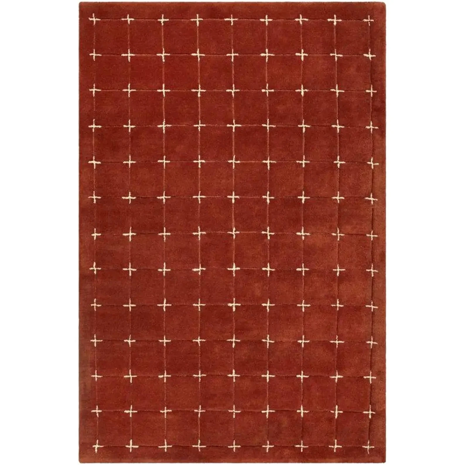 Hand Tufted Wool Rug Rust Minimalist Geometric Grid Handmade Area Home Carpet