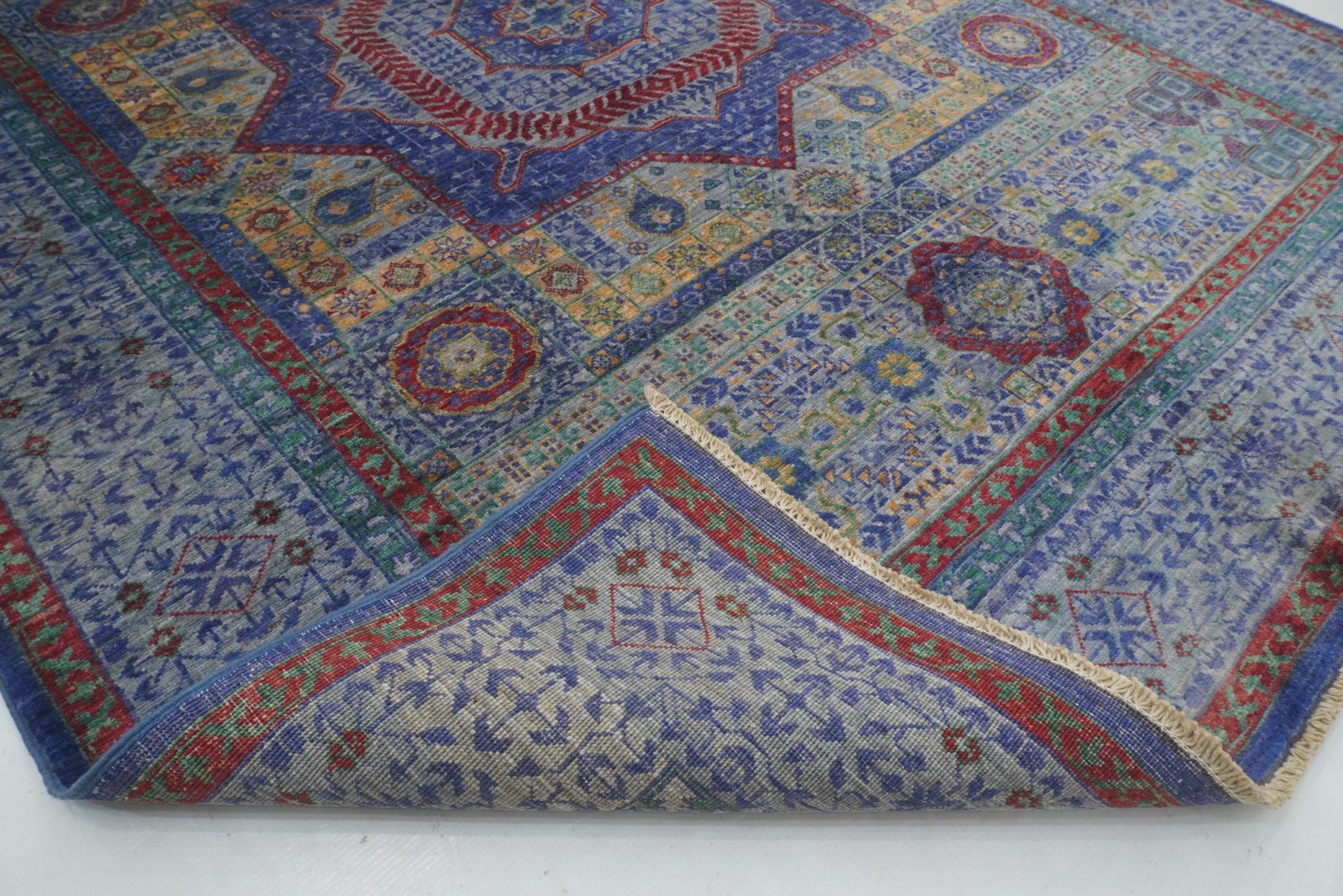 5×7 ft Blue Mamluk Afghan Hand Knotted Wool Medallion Rug