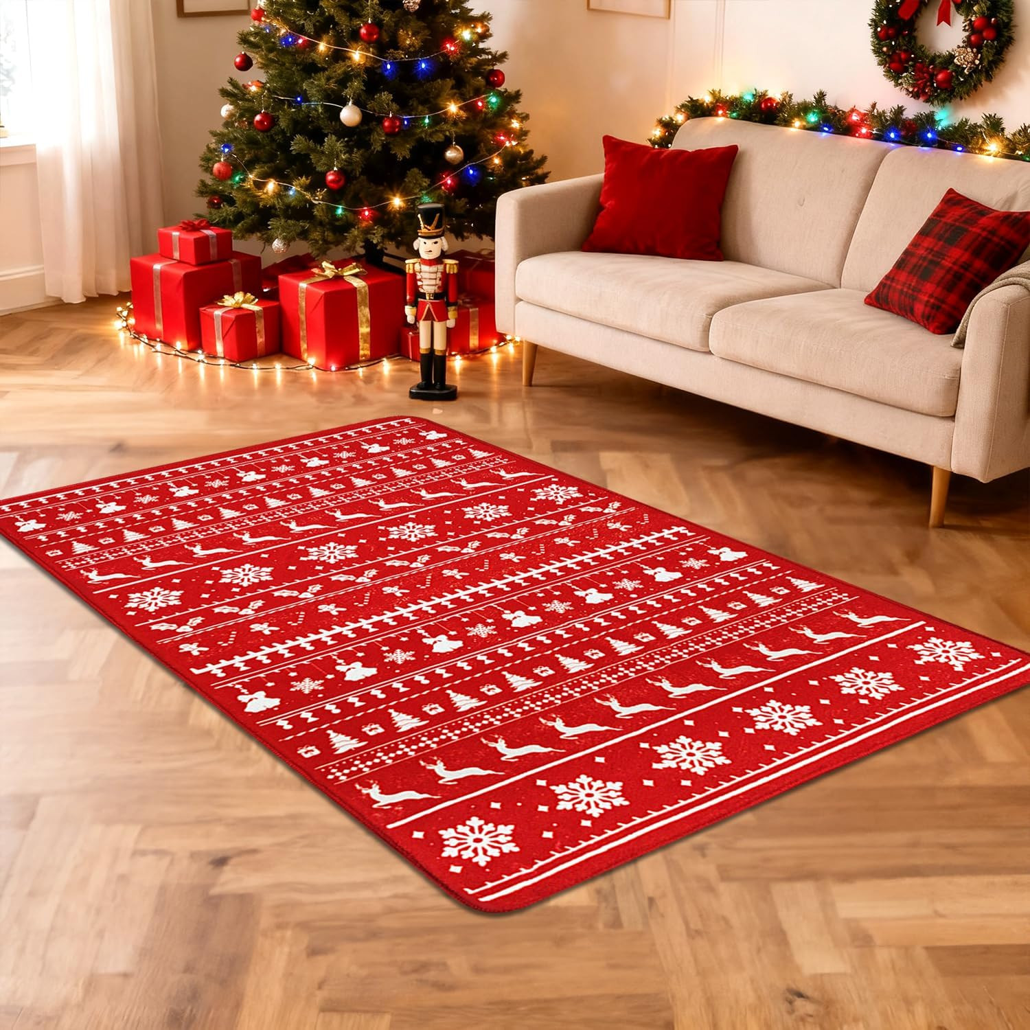 Christmas Area Rug 3X5 Red Vintage Floral Non-Slip Holiday Carpet for Living Roo