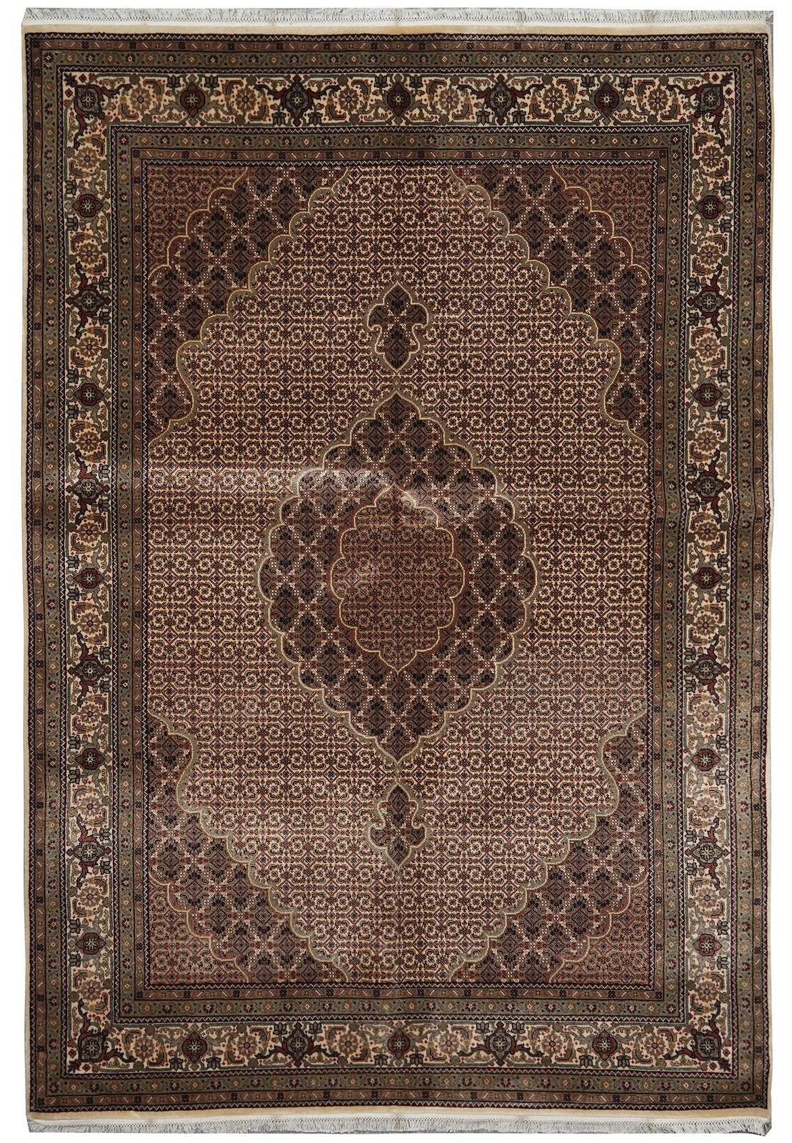 5.8 x 8 Hand-Knotted Wool and Silk Tabriiz Mahii Rug EARTH TONES #F-3062