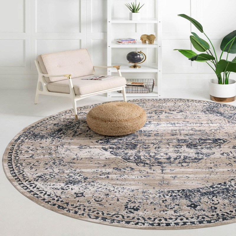 Unique Loom Chateau Collection Area Rug – Hoover 7 Round Dark Blue/ Beige