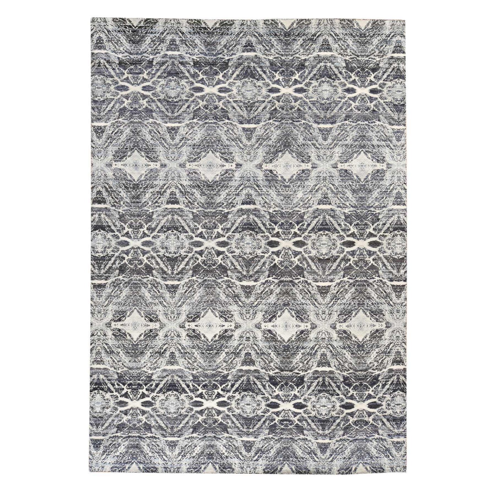 8’8″x12′ Charcoal Black Pure Silk Fossil Design Hand Knotted Oriental Rug 78739