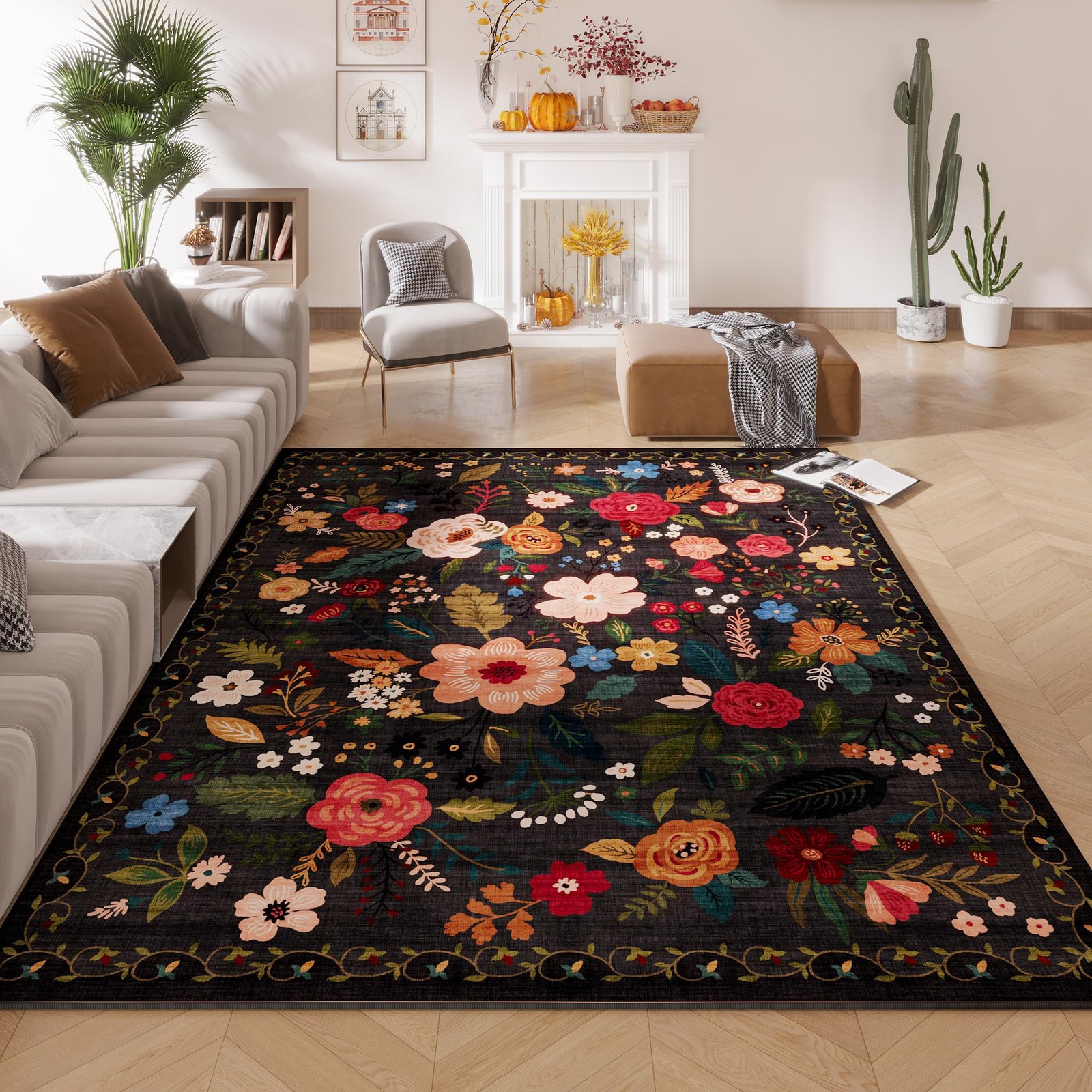 Living Room Rug 5×7 Rug Machine Washable Boho Area Rug Non Slip Floral Vintag…