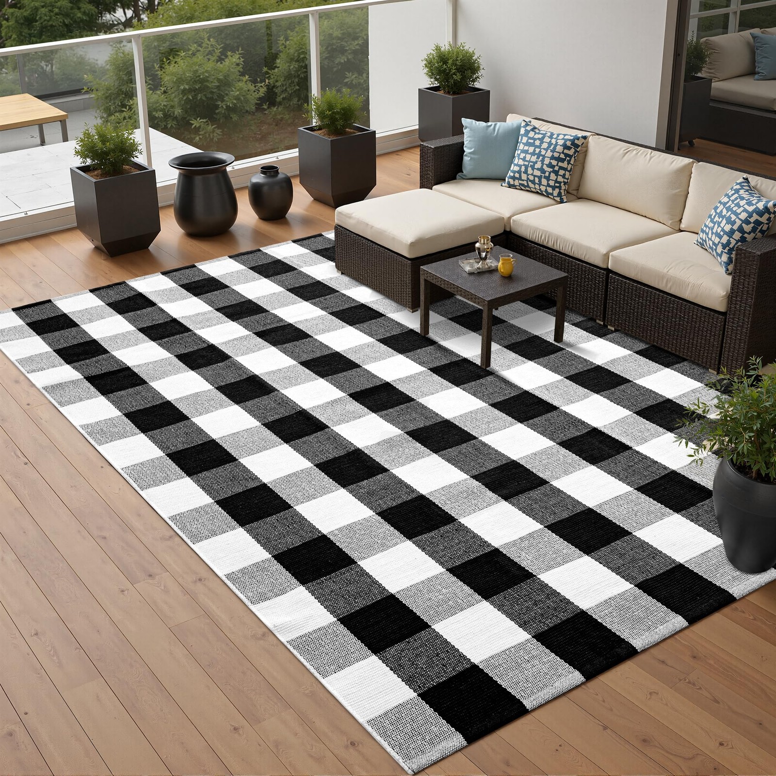 Buffalo Plaid Rug 5 X 7 Black And White Checkered Area Rug Cotton Handwoven In