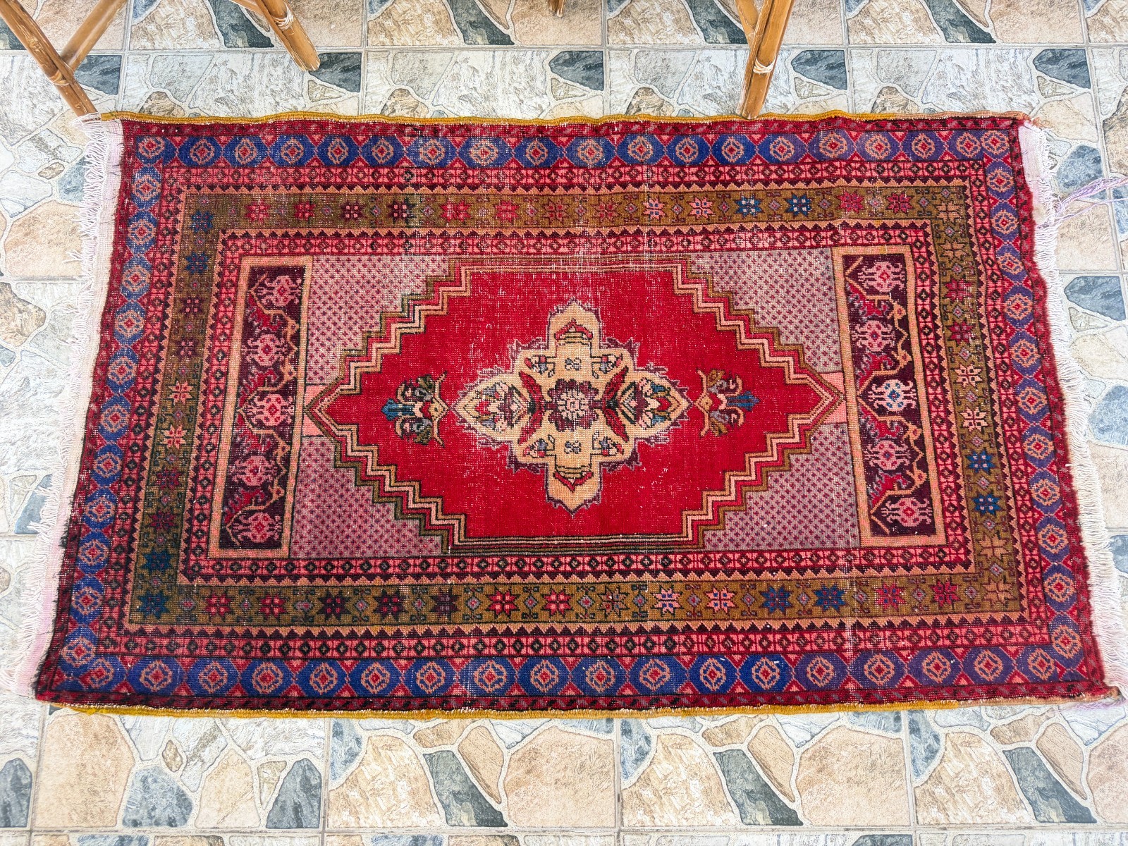 Vintage Oushak Tribal Rug, Handmade Turkish Anatolian Wool Geometric Area 3×5 ft