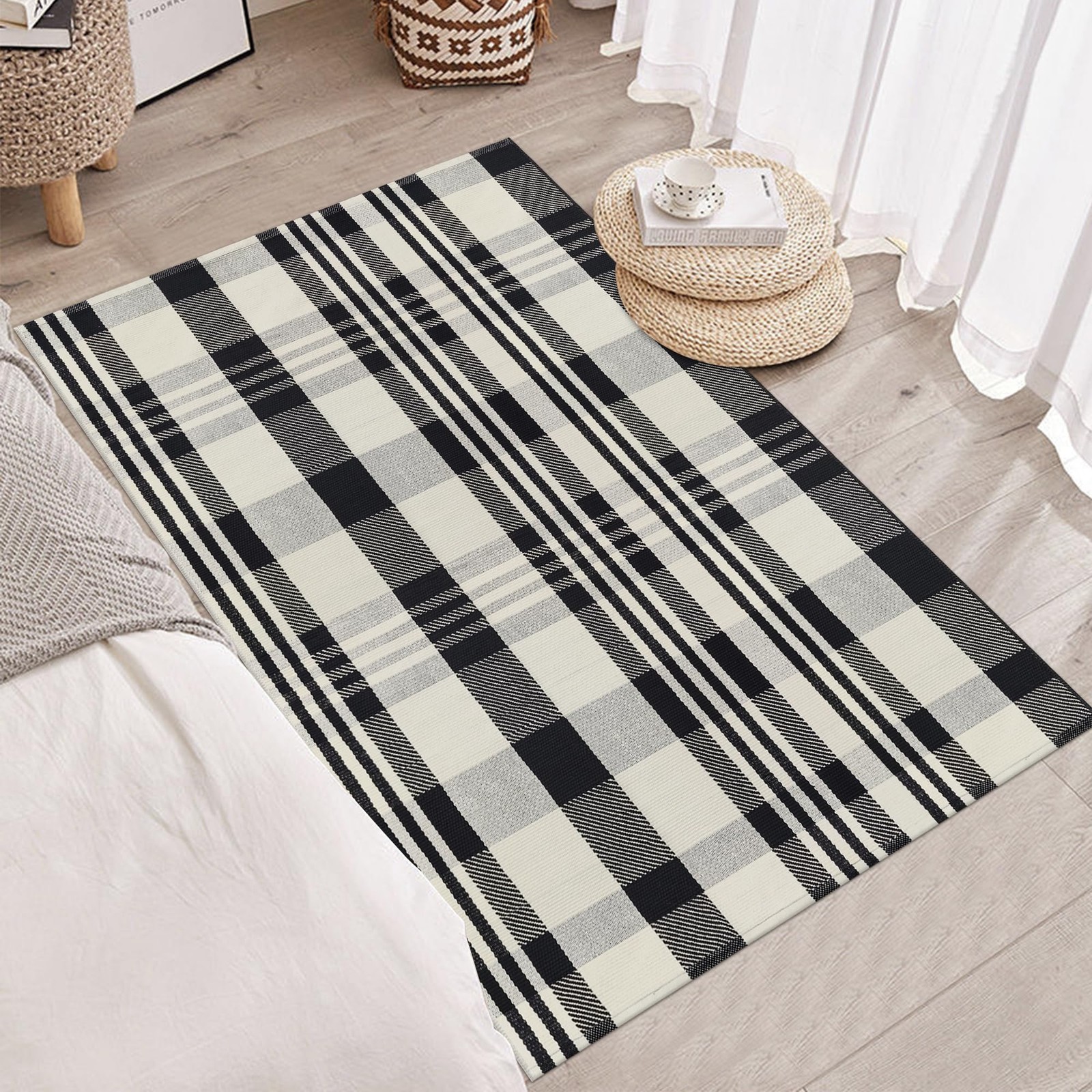 Buffalo Plaid Rug 3×5 Cotton Woven Buffalo Check Rug Black And Off White Front P
