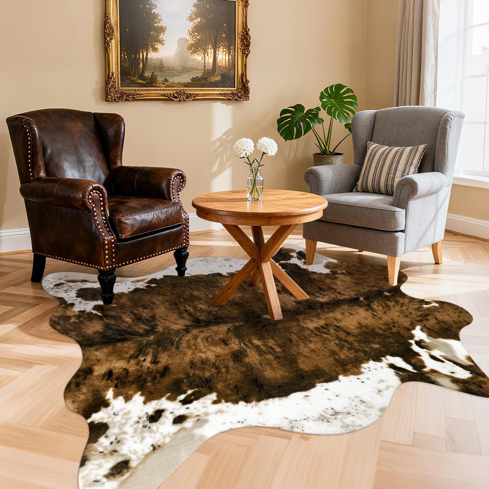 Premium Faux Cowhide Leopard Animal Print Area Rug Washable Brown 4.6×5.2 FT