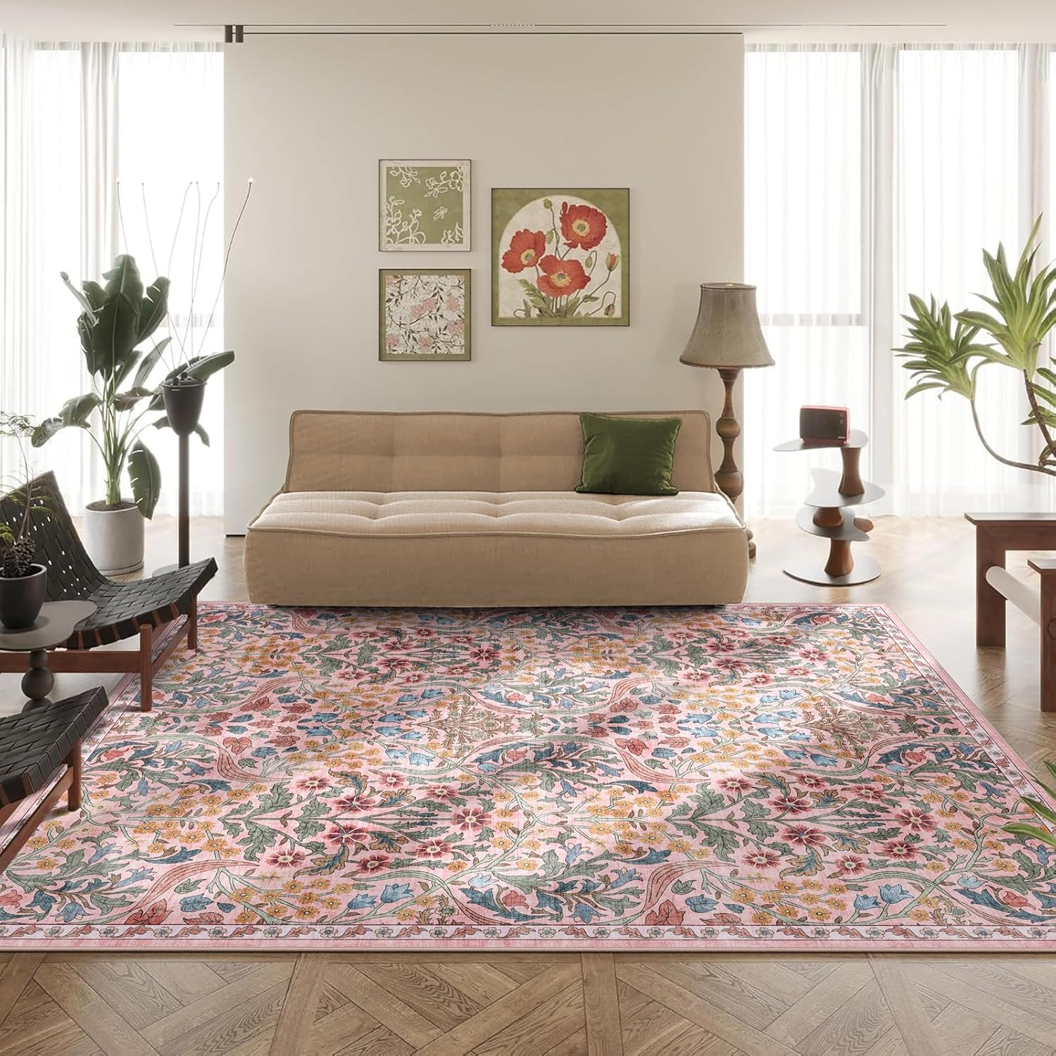 8X10 Washable Area Rug for Living Room, Floral Non-Slip Non-Shedding & Easy Care