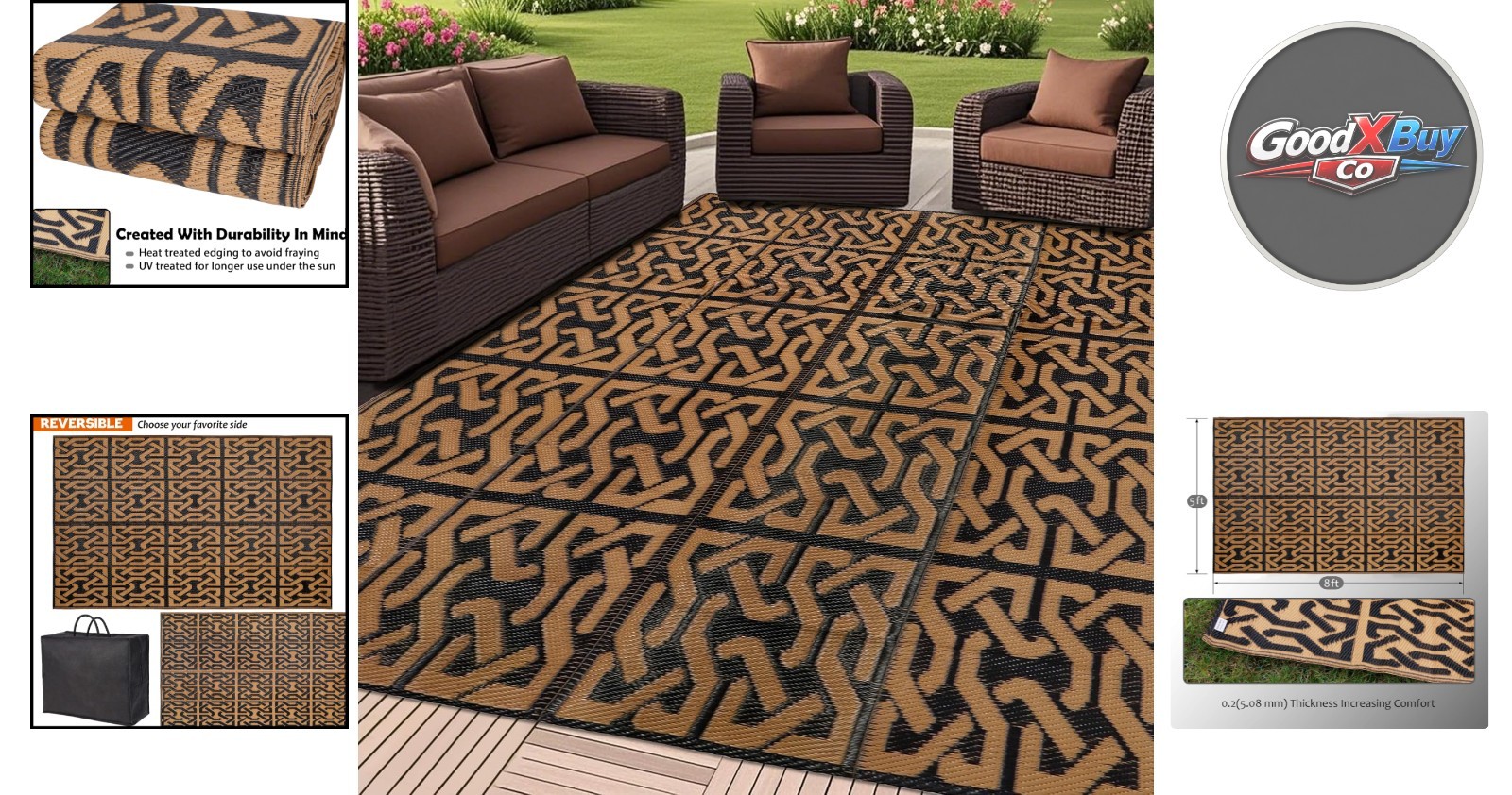Reversible Plastic Mat 5×8 Outdoor Rug Black Brown Patio Beach RV Deck