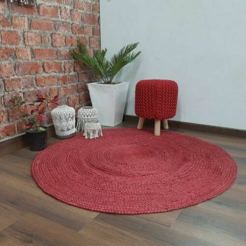 Jute Rug Red Dye Round Style Rug Reversible Braided Modern Rustic Look Carpet